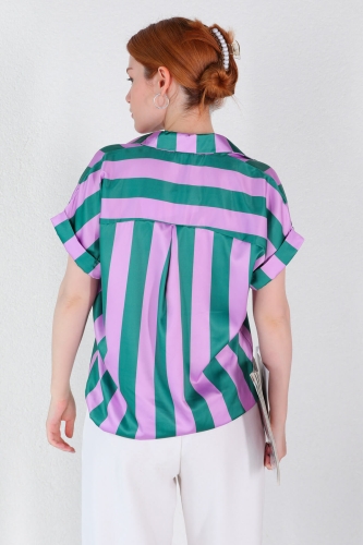 GML-10227 Lila Dikey Çizgili Kısa Kol Saten Gömlek - 4