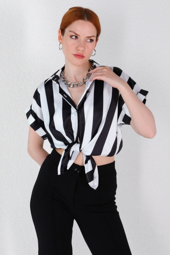 GML-10227 Siyah Dikey Çizgili Kısa Kol Saten Gömlek - 4