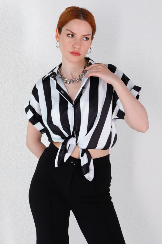 GML-10227 Siyah Dikey Çizgili Kısa Kol Saten Gömlek - 4