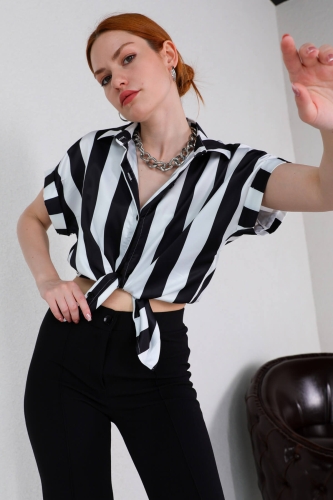 GML-10227 Siyah Dikey Çizgili Kısa Kol Saten Gömlek - 2