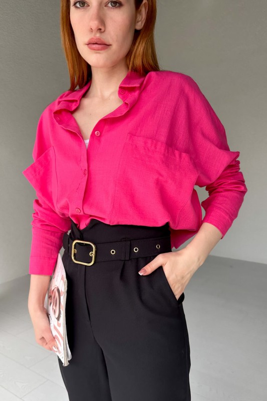 GML-10228 Pembe İki Cepli Keten Gömlek - 3