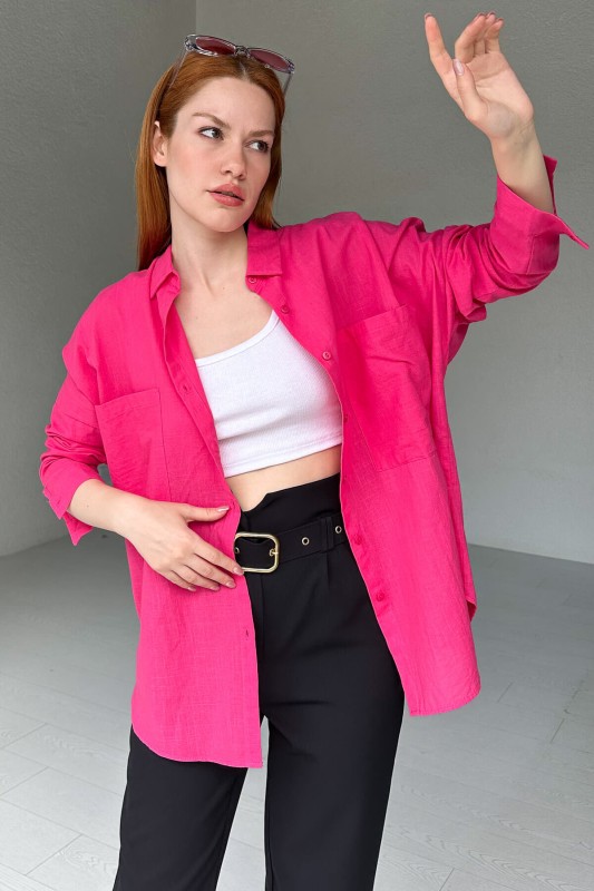 GML-10228 Pembe İki Cepli Keten Gömlek - 2