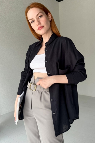GML-10228 Siyah İki Cepli Keten Gömlek - 1