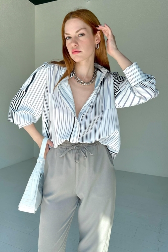 GML-10229 Gri Çizgi Desenli Saten Kumaş Gömlek 