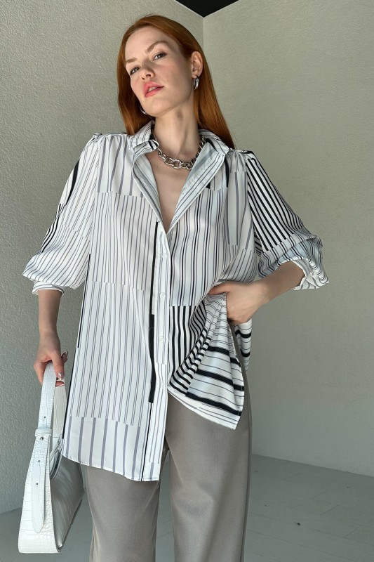 GML-10229 Gri Çizgi Desenli Saten Kumaş Gömlek - 2