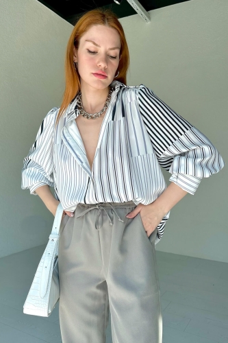 GML-10229 Gri Çizgi Desenli Saten Kumaş Gömlek - 4