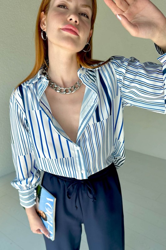 GML-10229 Mavi Çizgi Desenli Saten Kumaş Gömlek - 2
