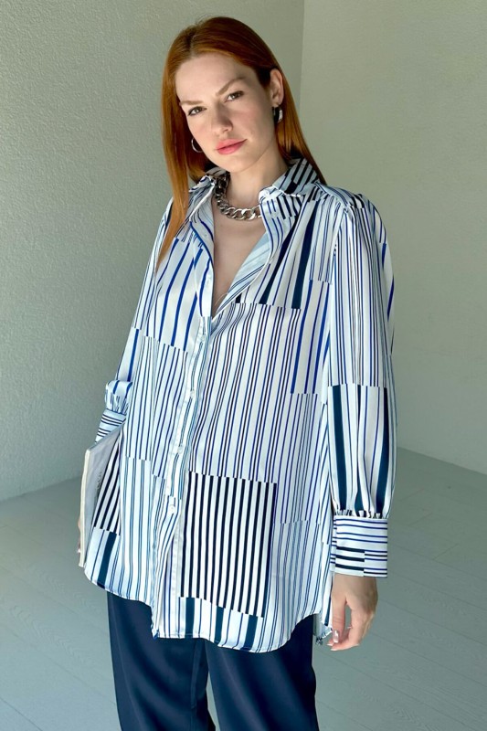 GML-10229 Mavi Çizgi Desenli Saten Kumaş Gömlek - 3