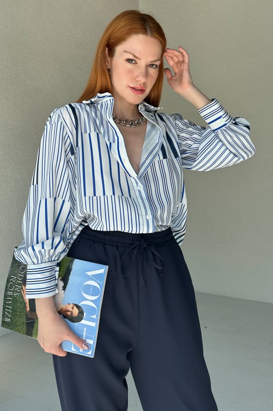 GML-10229 Mavi Çizgi Desenli Saten Kumaş Gömlek - 1