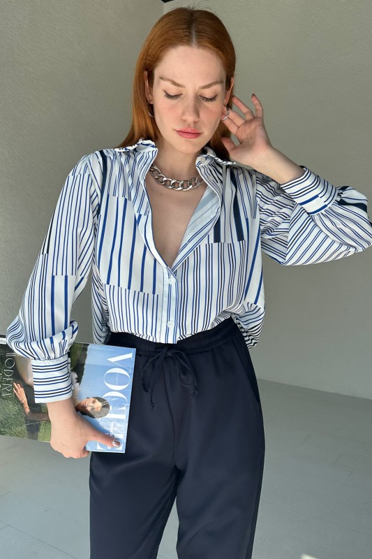 GML-10229 Mavi Çizgi Desenli Saten Kumaş Gömlek - 5