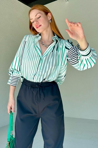 GML-10229 Yeşil Çizgi Desenli Saten Kumaş Gömlek - 2