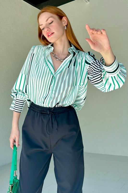 GML-10229 Yeşil Çizgi Desenli Saten Kumaş Gömlek - 2