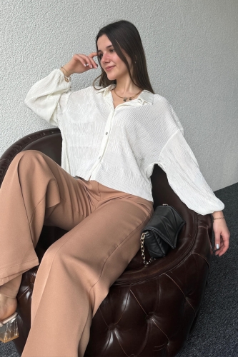 GML-10235 Beyaz Pileli Desen Krinkıl Kumaş Gömlek - 2