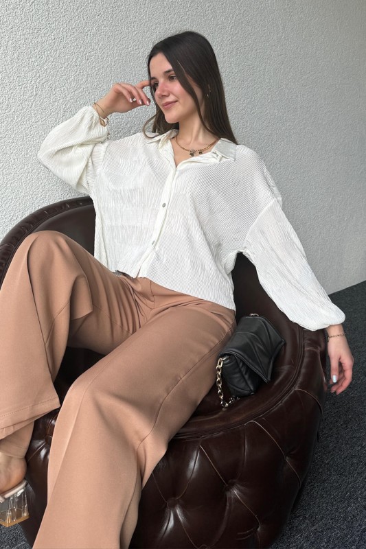 GML-10235 Beyaz Pileli Desen Krinkıl Kumaş Gömlek - 2