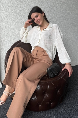 GML-10235 Beyaz Pileli Desen Krinkıl Kumaş Gömlek - 4