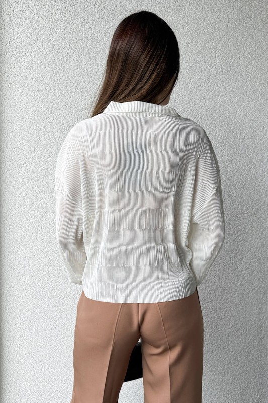 GML-10235 Beyaz Pileli Desen Krinkıl Kumaş Gömlek - 6