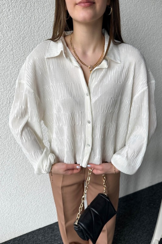 GML-10235 Beyaz Pileli Desen Krinkıl Kumaş Gömlek - 5