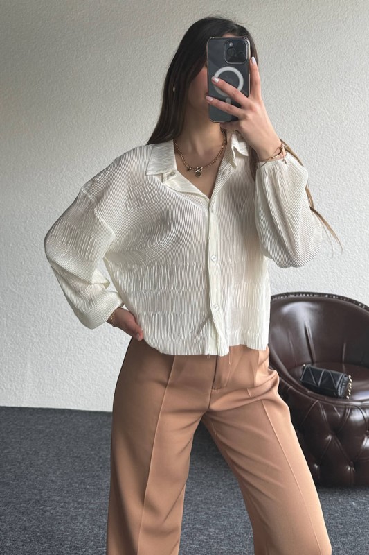 GML-10235 Beyaz Pileli Desen Krinkıl Kumaş Gömlek - 1