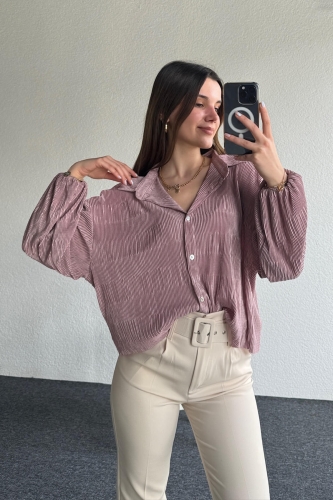 GML-10235 Gül Kurusu Rengi Pileli Desen Krinkıl Kumaş Gömlek - 3