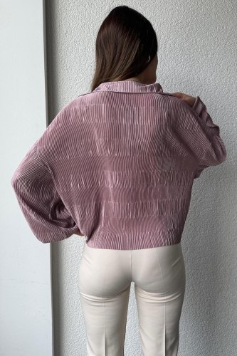GML-10235 Gül Kurusu Rengi Pileli Desen Krinkıl Kumaş Gömlek - 6