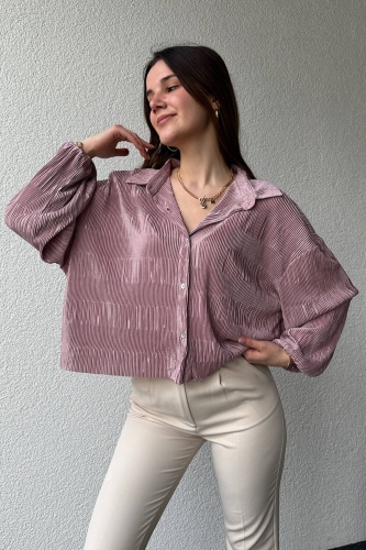 GML-10235 Gül Kurusu Rengi Pileli Desen Krinkıl Kumaş Gömlek - 4