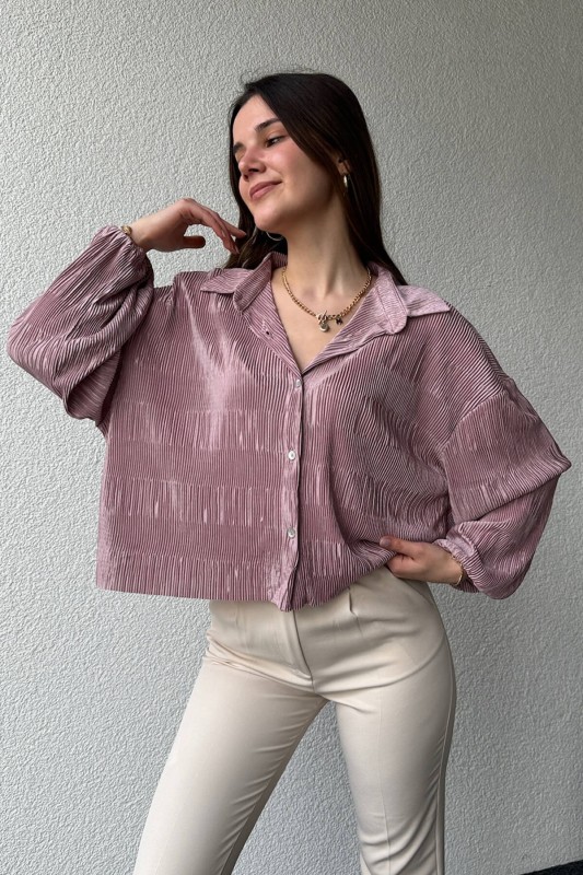 GML-10235 Gül Kurusu Rengi Pileli Desen Krinkıl Kumaş Gömlek - 4