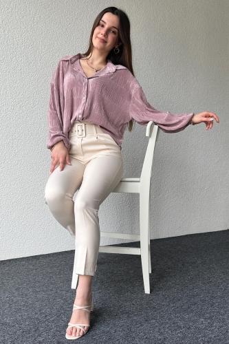 GML-10235 Gül Kurusu Rengi Pileli Desen Krinkıl Kumaş Gömlek - 2
