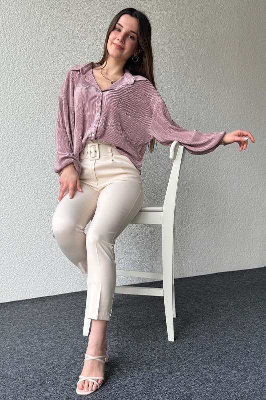 GML-10235 Gül Kurusu Rengi Pileli Desen Krinkıl Kumaş Gömlek - 2