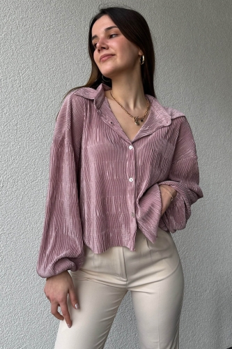 GML-10235 Gül Kurusu Rengi Pileli Desen Krinkıl Kumaş Gömlek 