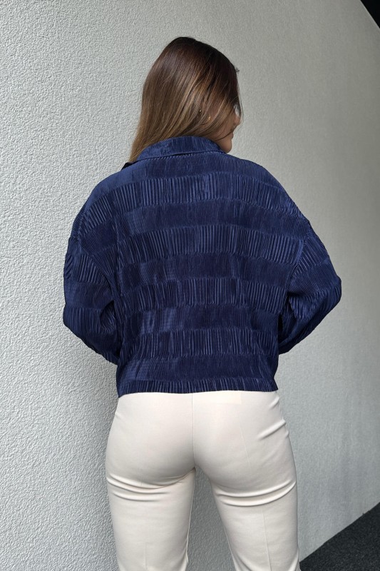 GML-10235 Saks Mavisi Pileli Desen Krinkıl Kumaş Gömlek - 4