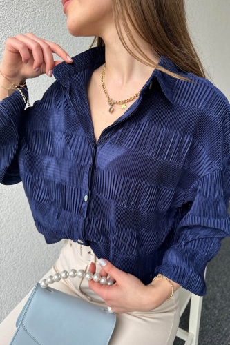 GML-10235 Saks Mavisi Pileli Desen Krinkıl Kumaş Gömlek - 3