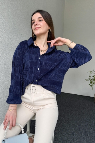 GML-10235 Saks Mavisi Pileli Desen Krinkıl Kumaş Gömlek 