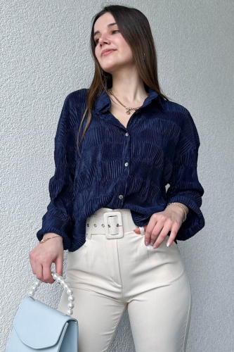 GML-10235 Saks Mavisi Pileli Desen Krinkıl Kumaş Gömlek - 2