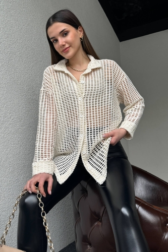 GML-10236 Krem Rengi File Detaylı Gömlek - 1