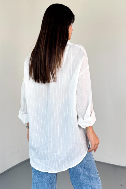 GML-10241 Beyaz Cep Detay Çizgili Salaş Gömlek - 2