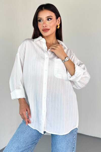 GML-10241 Beyaz Cep Detay Çizgili Salaş Gömlek - 1