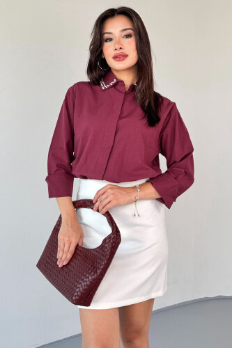 GML-10246 Bordo Yaka Taşlı ve İncili Salaş Gömlek - Cappmoda