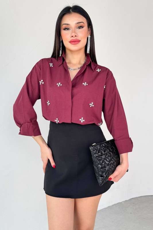 GML-10247 Bordo Full Taşlı Salaş Uzun Gömlek - 1