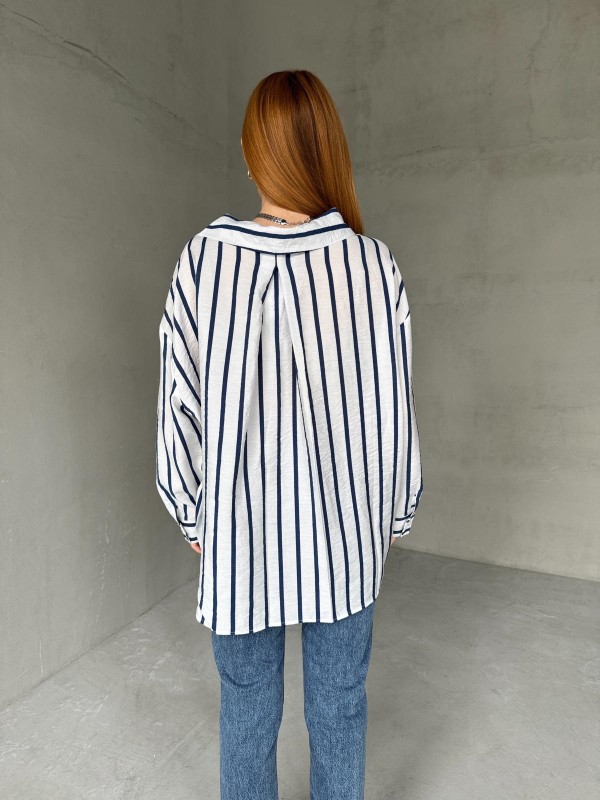 GML-10248 Beyaz Lacivert Çizgili Cepli Oversize Gömlek - 4