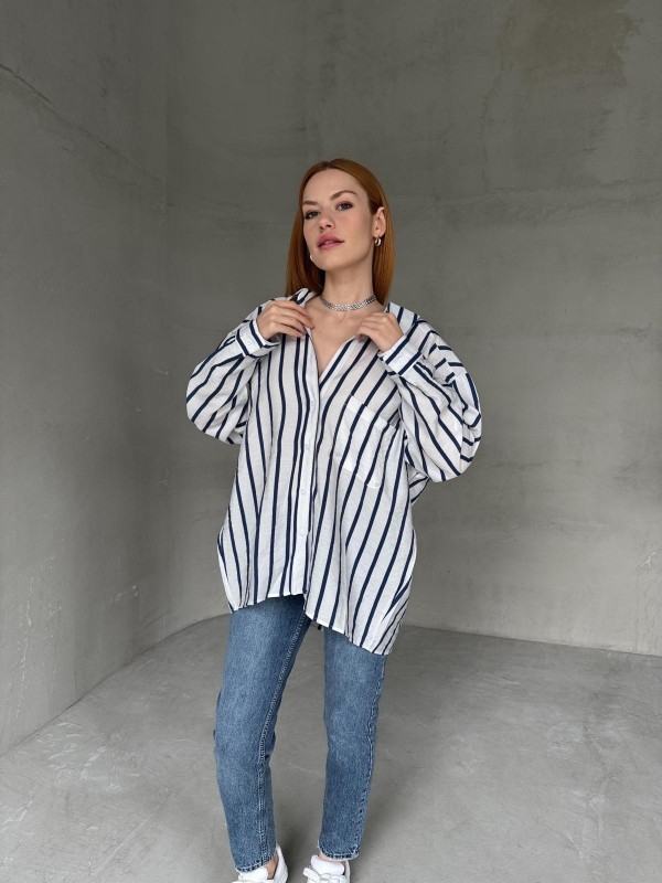 GML-10248 Beyaz Lacivert Çizgili Cepli Oversize Gömlek - 2
