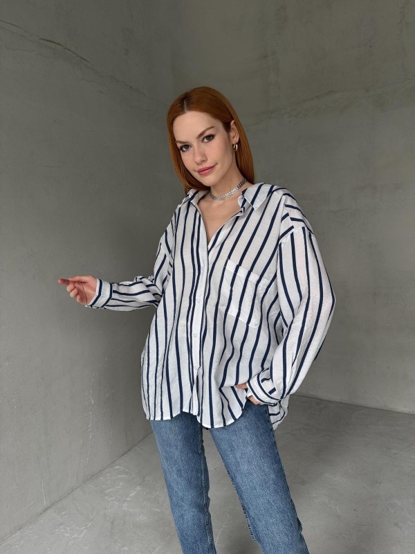 GML-10248 Beyaz Lacivert Çizgili Cepli Oversize Gömlek - 3