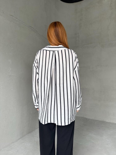 GML-10248 Beyaz Siyah Çizgili Cepli Oversize Gömlek - 5