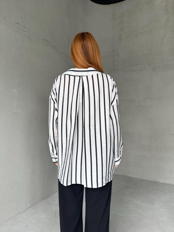 GML-10248 Beyaz Siyah Çizgili Cepli Oversize Gömlek - 5
