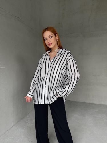 GML-10248 Beyaz Siyah Çizgili Cepli Oversize Gömlek - Cappmoda