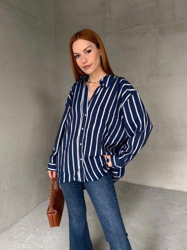 GML-10248 Lacivert Beyaz Çizgili Cepli Oversize Gömlek - Cappmoda
