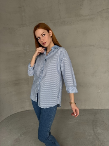GML-10249 Mavi Çizgili Poplin Kumaş Salaş Gömlek - Cappmoda