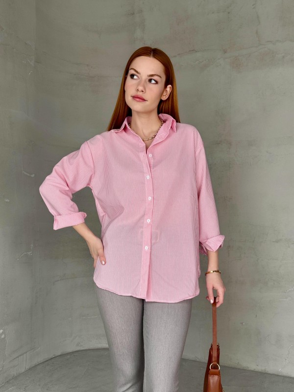 GML-10249 Pembe Çizgili Poplin Kumaş Salaş Gömlek - 1