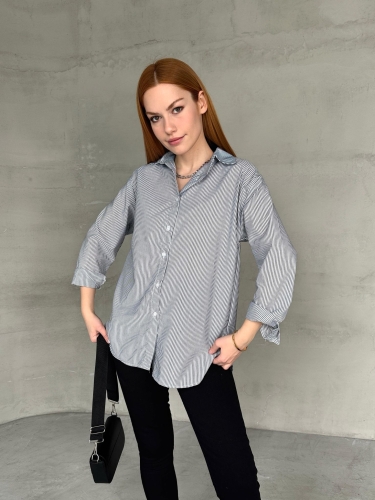 GML-10249 Siyah Çizgili Poplin Kumaş Salaş Gömlek 