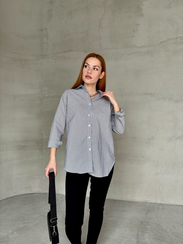 GML-10249 Siyah Çizgili Poplin Kumaş Salaş Gömlek - 2