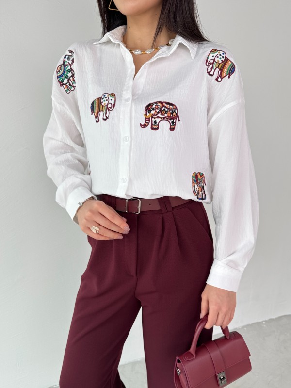 GML-10255 Beyaz Fil Nakış İşlemeli Pamuk Kumaş Gömlek - 3